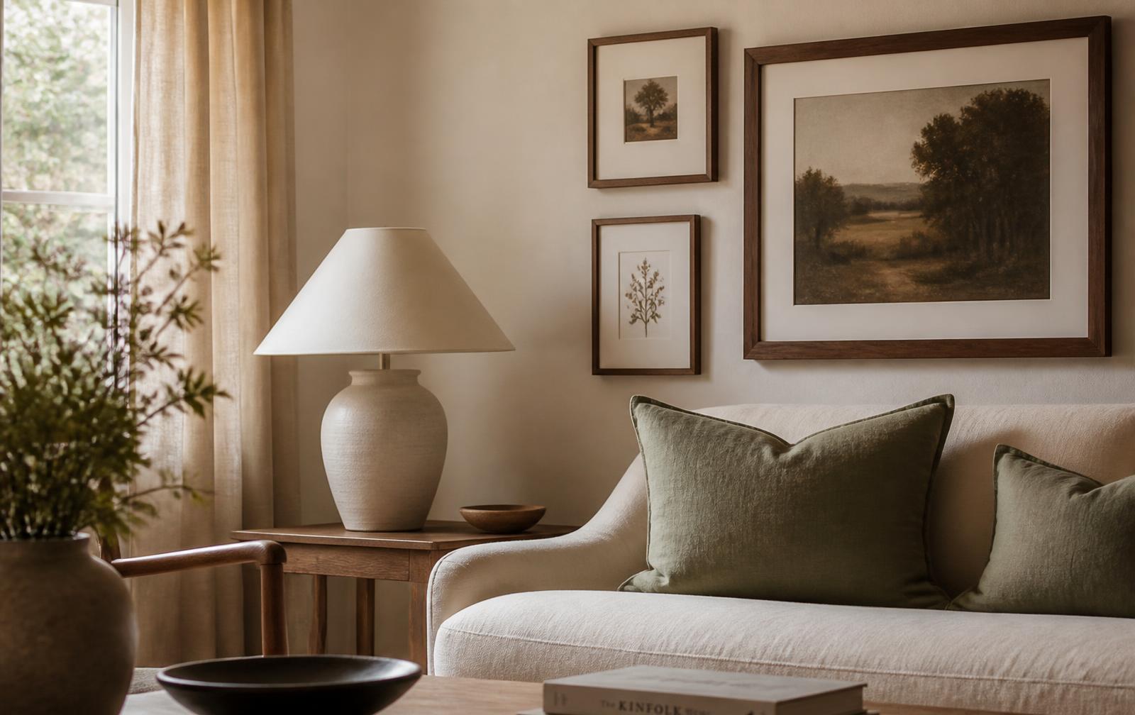 Coin salon crème avec cadres en noyer, coussins en lin sauge et lampe en céramique