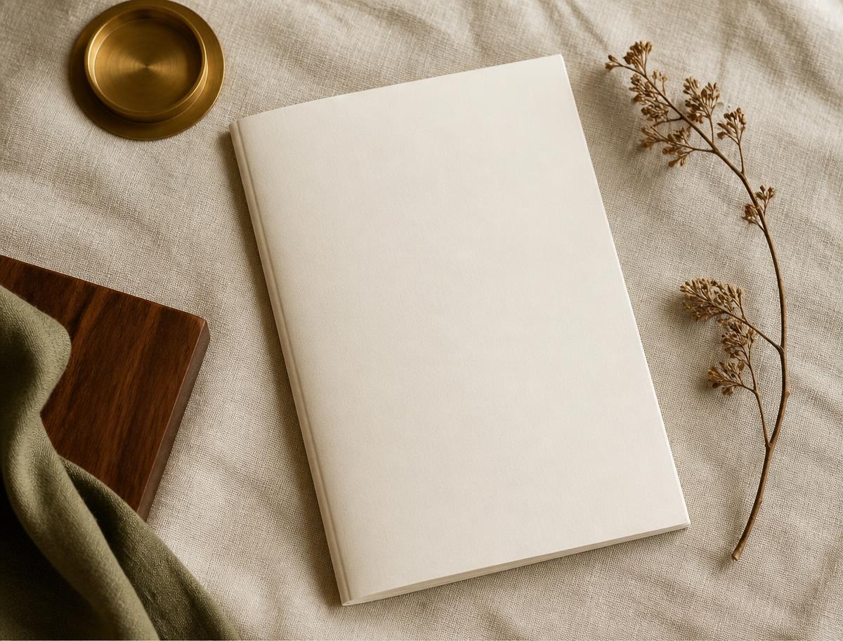 Le guide Maison Héritage, un livret de décoration posé sur du lin crème
